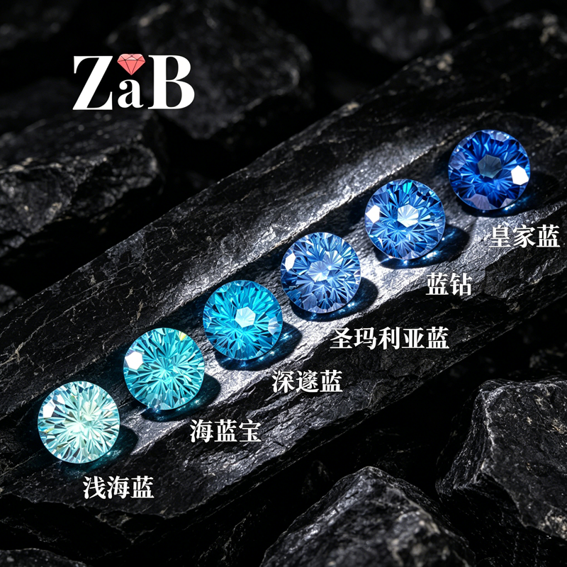 蓝色系烟花切圆形高碳钻未镶嵌裸石戒指戒面宝石彩宝DIY配钻新潮
