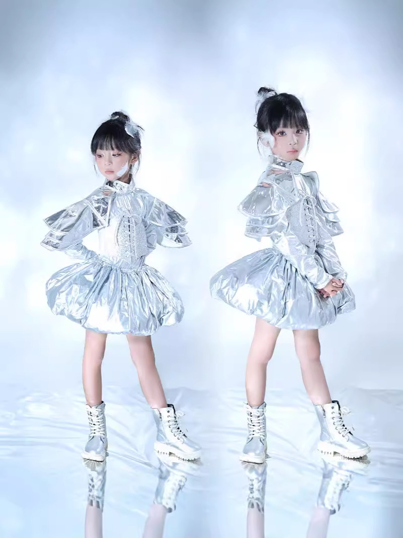 女童银色蓬蓬裙科技感车模T台模特大赛潮服爵士舞赫本运动演出服