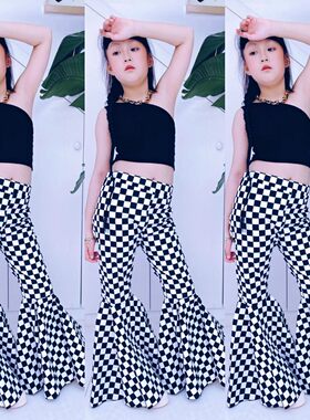 女童欧美走秀潮服黑白格喇叭裤