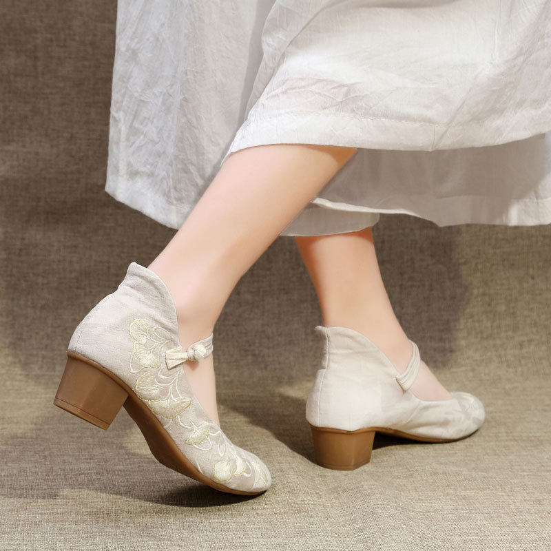 新中式国风高跟旗袍女鞋民族风绣花布鞋粗跟时尚茶服鞋