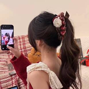 圣诞叮铃铛~红色格纹裙摆蝴蝶结香蕉夹竖夹女发饰后脑勺马尾发夹