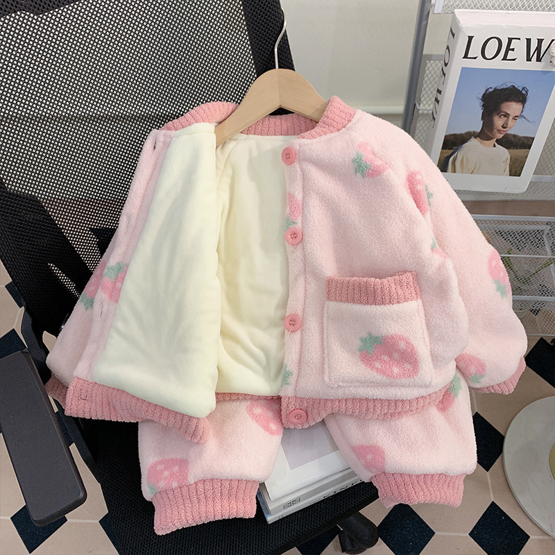 女童睡衣三层夹棉加厚秋冬季珊瑚绒儿童女孩宝宝法兰绒冬款家居服