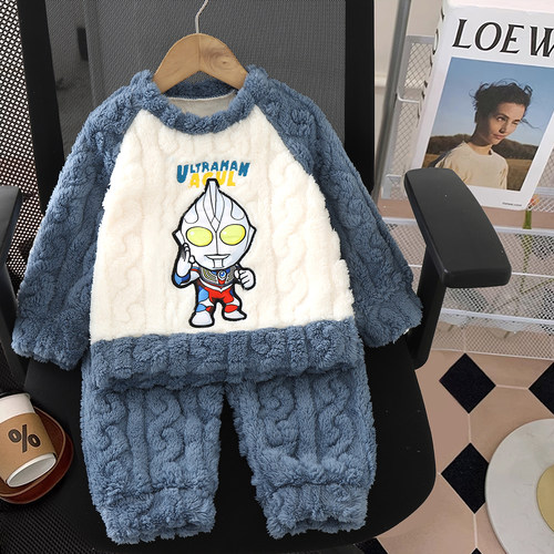 男童睡衣秋冬款套头刺绣法兰绒儿童宝宝保暖套装男孩珊瑚绒家居服