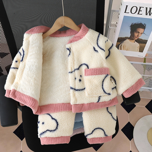 女童睡衣2025秋冬新款珊瑚三层夹棉加厚绒法兰绒儿童家居服套装