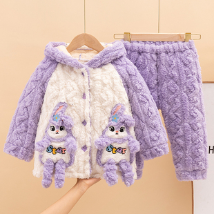 清仓！儿童加厚法兰绒棉衣家居服秋冬三层夹棉加绒冬女童睡衣套装