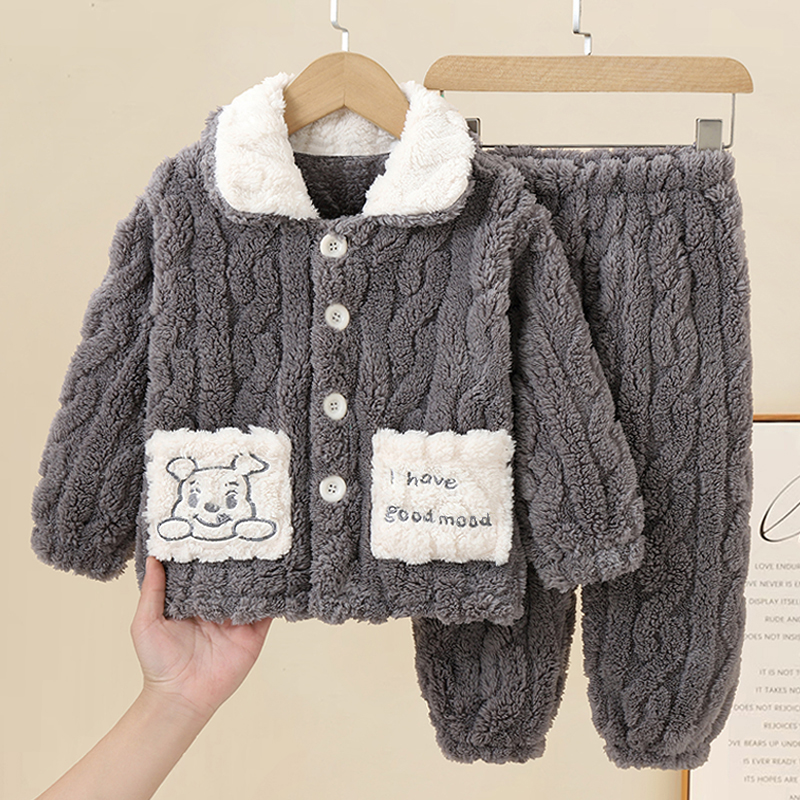 男童秋冬套装法兰绒珊瑚睡衣男宝宝宝家居服儿童加厚开衫卡通保暖