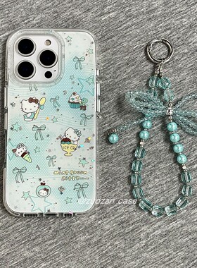 清新绿色晕染卡通KT猫头像适用苹果16promax手机壳iPhone15pro新款14带挂绳13女17pro气囊双层全包防摔手机套