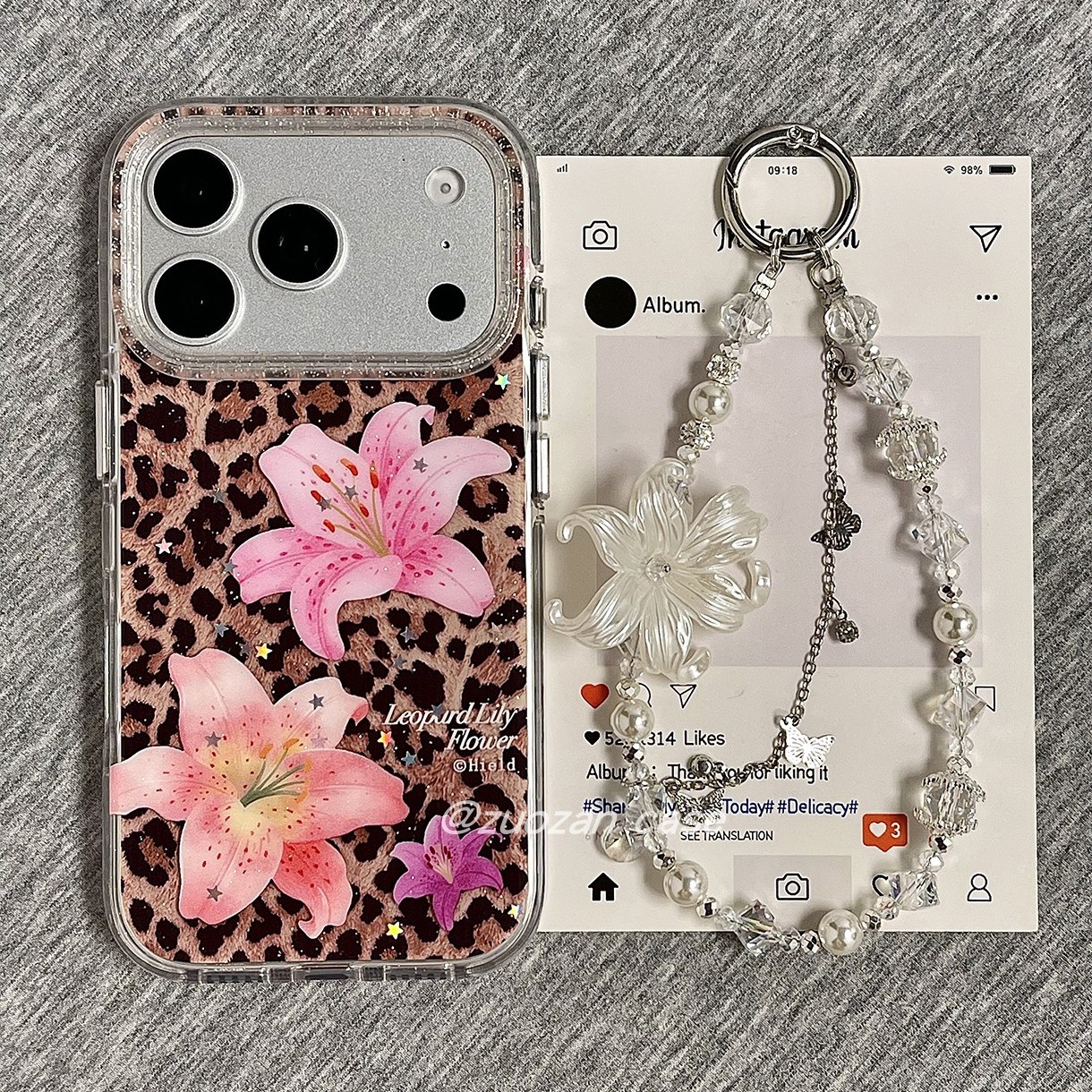 ins韩风棕色豹纹粉色百合花适用苹果17promax手机壳iphone18pro新款16带挂绳14气囊双层15女17全包防摔保护套