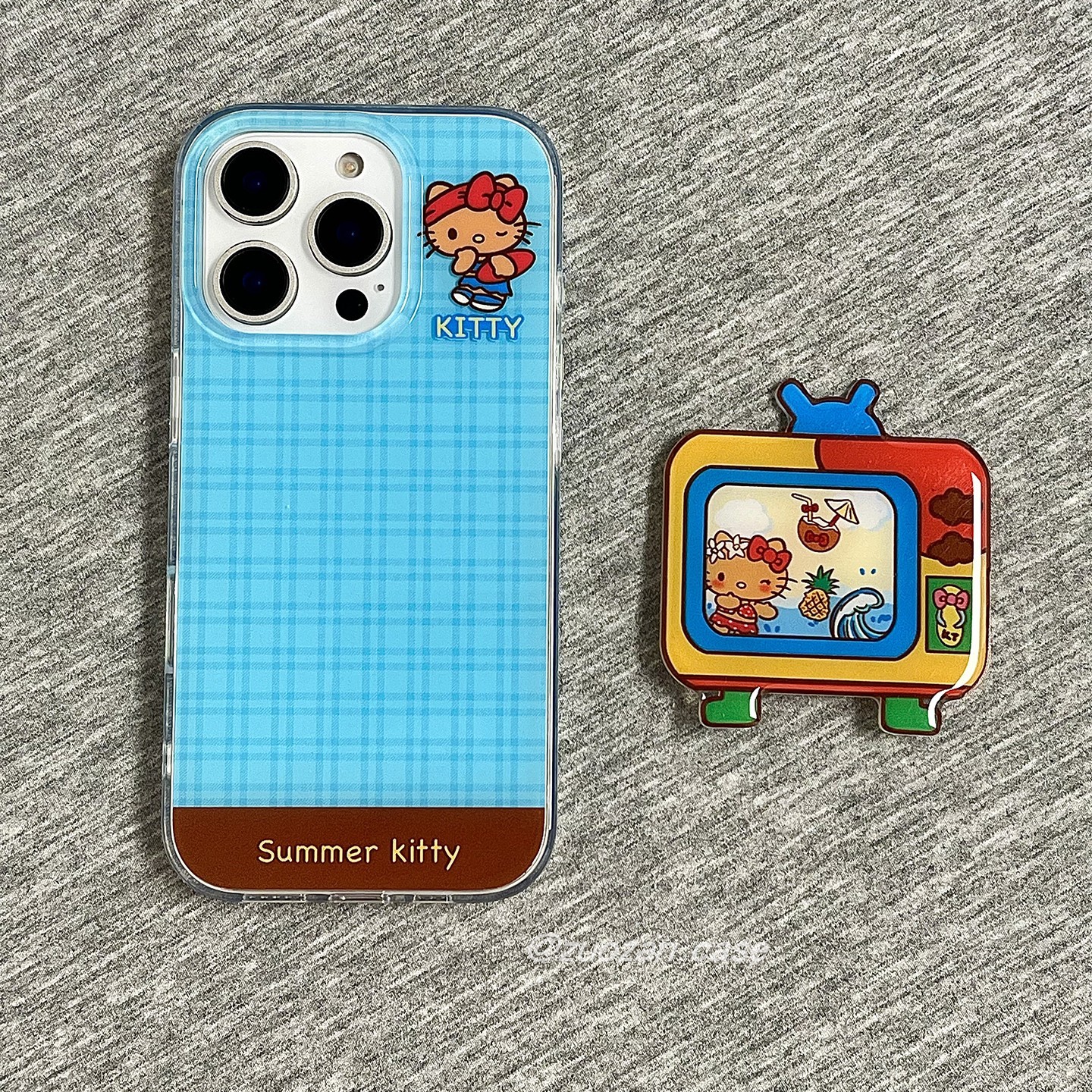 简约拼色蓝格卡通KT猫适用苹果16promax手机壳iphone15pro新款14p带折叠镜子支架13女16pm双层全包防摔手机套