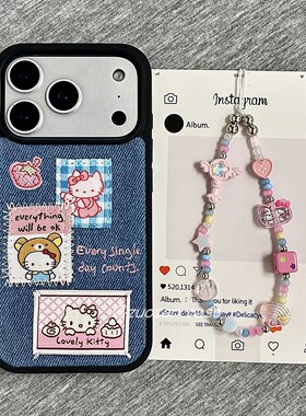 ins韩风蓝色牛仔贴布KT猫适用苹果17promax手机壳iphone16pro秋冬新款15高级感14带挂绳13女17全包防摔保护套