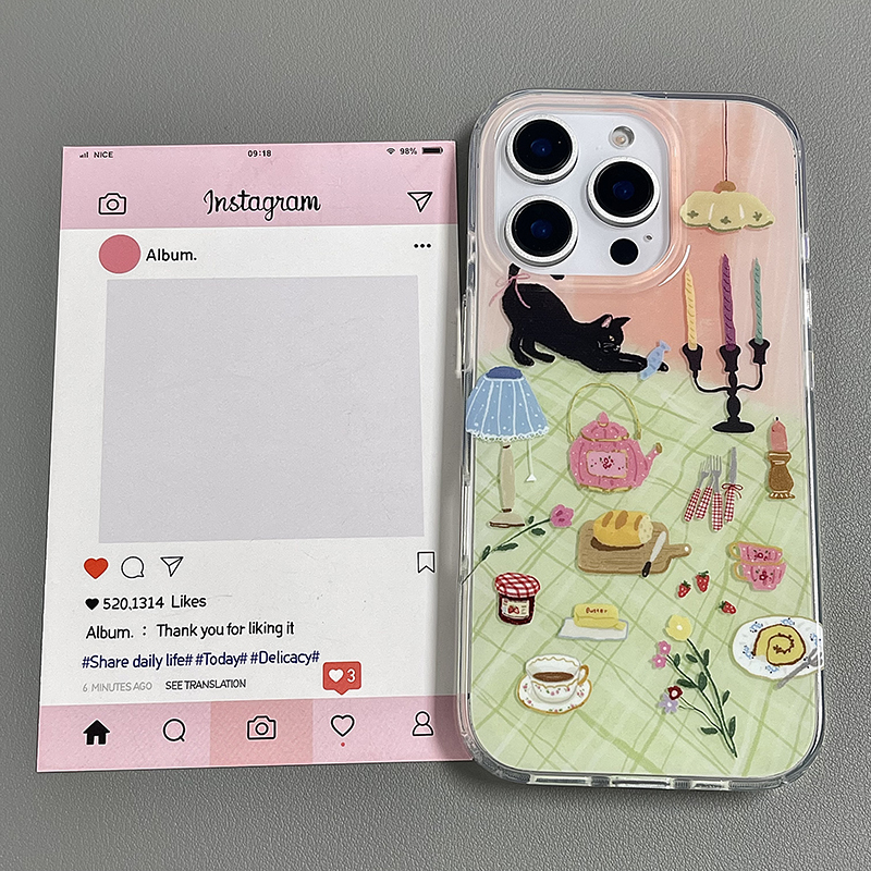 ins韩风涂鸦卡通餐桌黑猫适用苹果16promax手机壳新款iphone15pro外壳14max双层13女款16全包防摔保护套小众