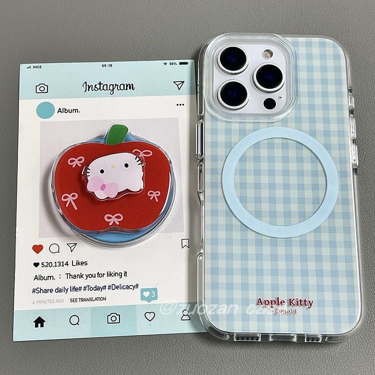 磁吸ins韩风简约蓝格适用苹果16promax手机壳iphone15pro新款14创意个性13女16pro双层全包手机套带KT猫支架