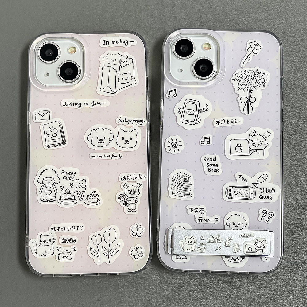 ins韩风卡通文字图案适用苹果15ProMax手机壳iPhone16新款14少女13pro双层印花14pro小清新PM防摔12保护套