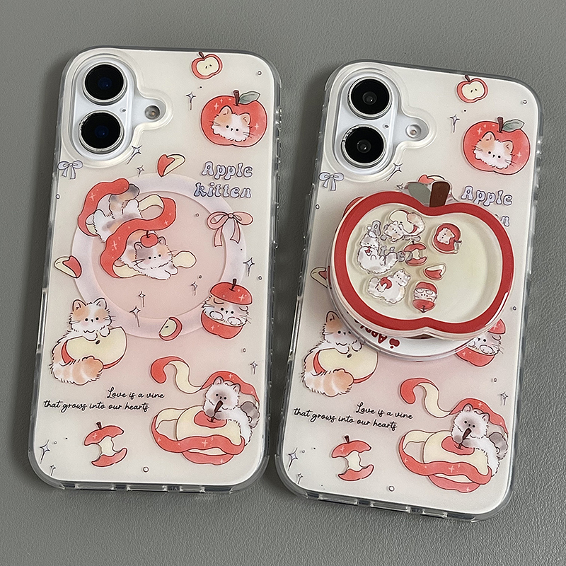 磁吸韩风卡通红苹果猫咪摇摇乐支架适用iPhone16新款苹果16ProMax手机壳13女款14双层imd磨砂15Pro全包保护壳