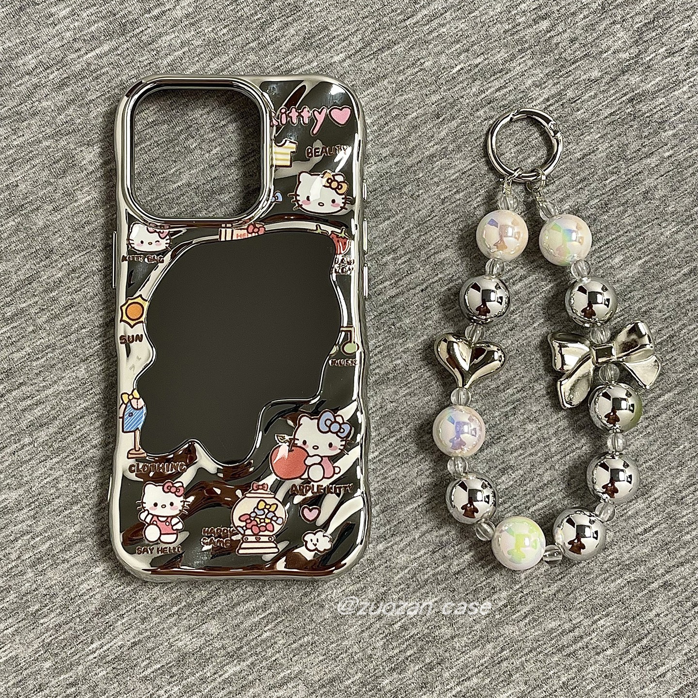 ins韩风镜面卡通kitty猫适用苹果16手机壳iphone15pro新款14带挂绳13女16promax全包防摔手机套高级感银色