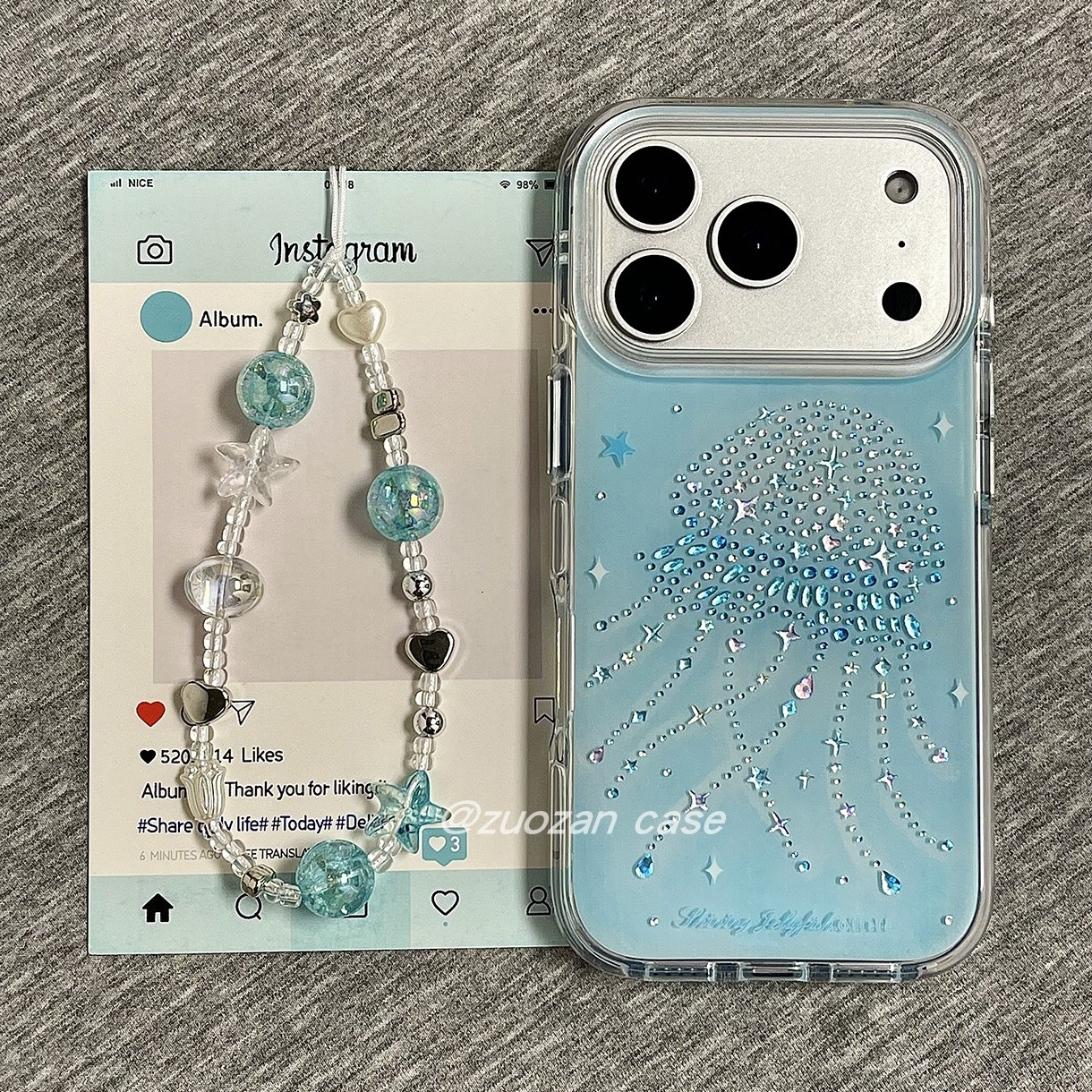 ins韩风清新蓝底鎏金宝石水母适用苹果17promax手机壳iphone16pro新款15挂绳14气囊双层13女17全包防摔保护套