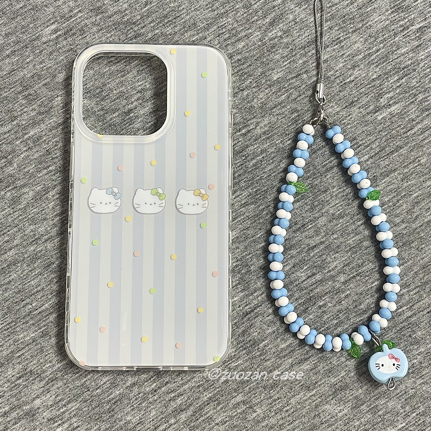 简约蓝色条纹卡通KT猫适用苹果16promax手机壳iphone15pro新款14女13带挂绳16pro双层imd全包防摔手机套创意