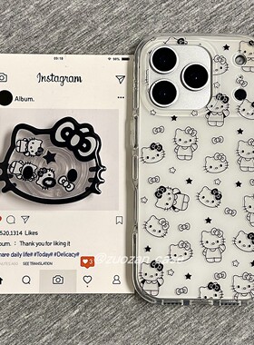 满屏黑色线条kt猫头像适用苹果17promax手机壳iphone16pro新款15带支架14小众13女17双层气囊全包防摔保护套