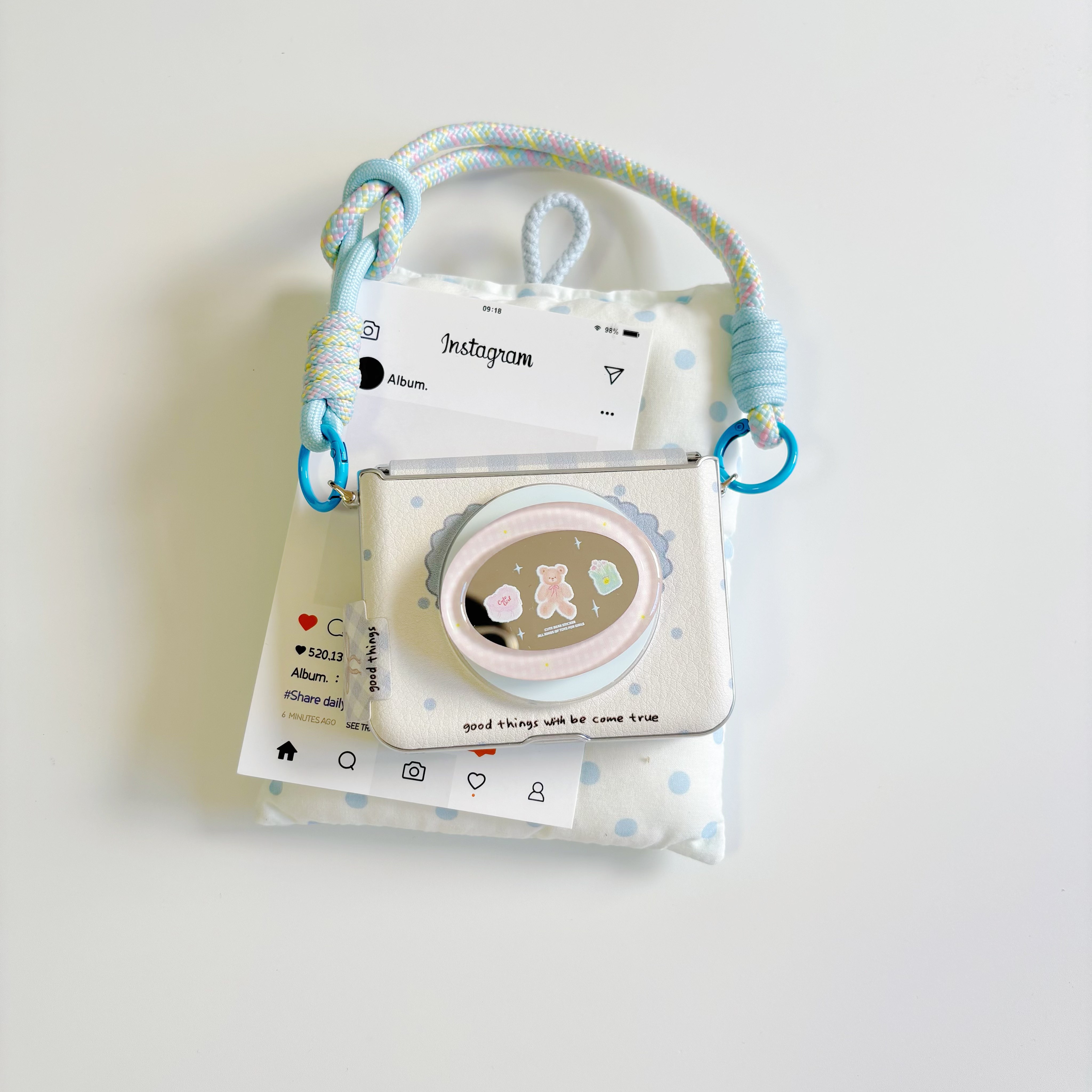 ins小熊镜子蓝格爱心适用于华为purax手机壳小折叠适用于小米mixflip2磁吸保护套适用于三星zflip7手提硬壳