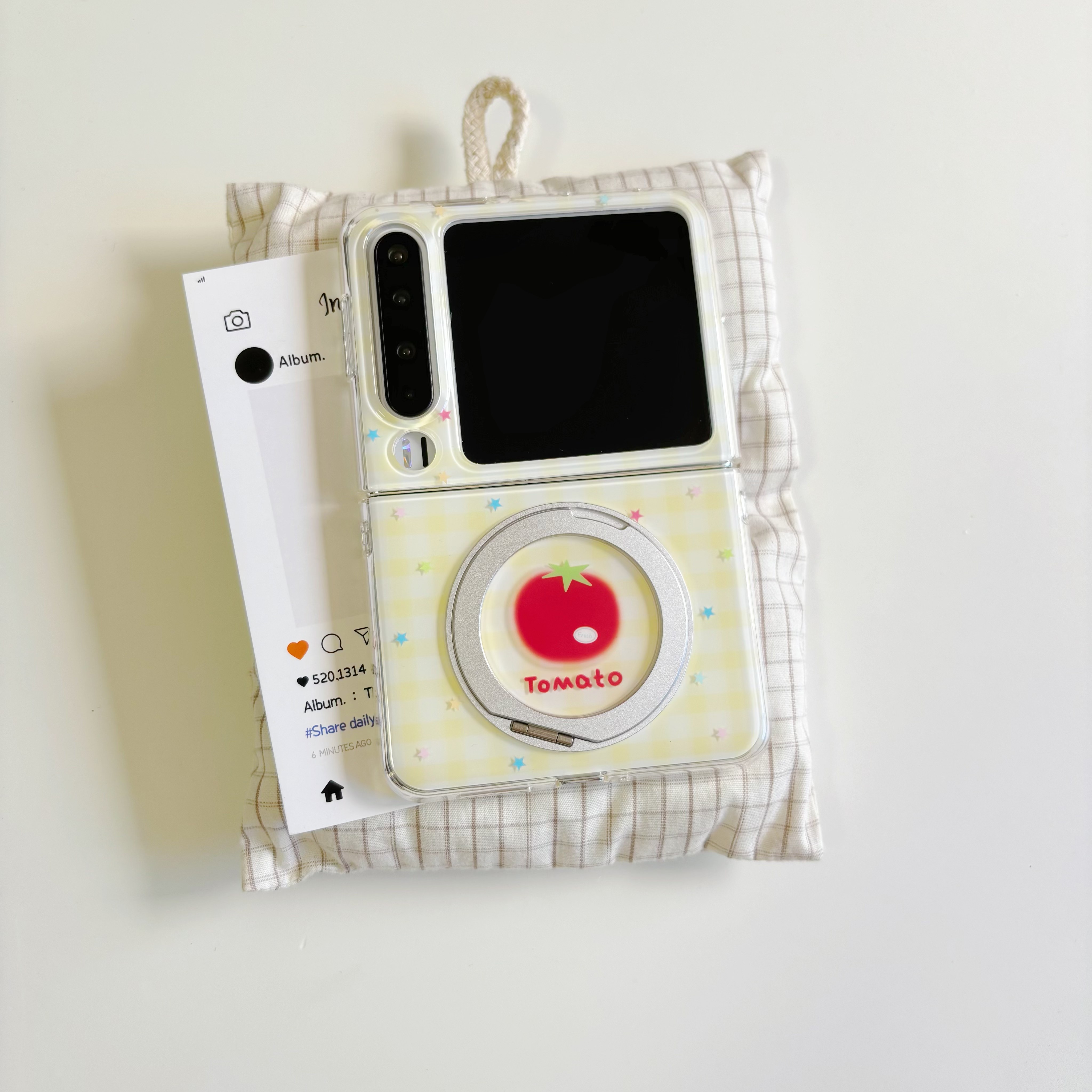 韩风黄格子星星番茄360度折叠支架适用于华为purax手机壳折叠适用于小米mixflip2适用于三星zflip7硬壳保护套