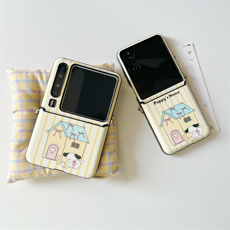 ins可爱小狗房子适用于华为purax手机壳小折叠皮纹硬壳适用于小米mixflip2斜跨保护套适用于三星zflip7/5/6