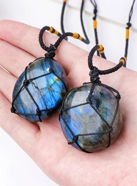 天然水晶拉长石网兜吊坠月光石项链手工编制蓝光外贸热销款跨境