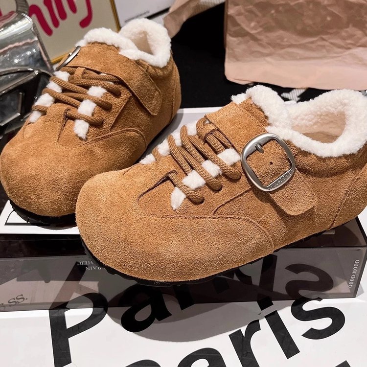 2025秋冬新款磨砂皮大头系带勃肯鞋女款休闲复古加绒保暖德训棉鞋
