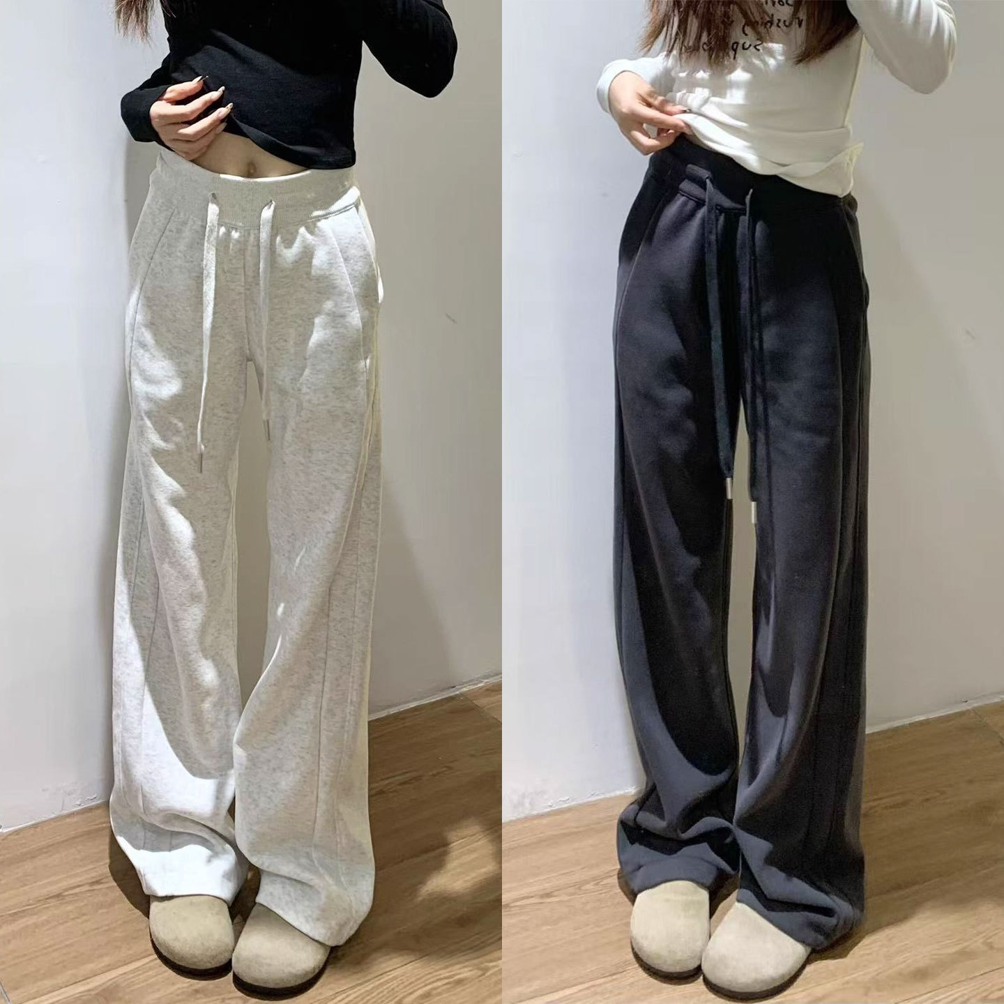 白灰色运动裤女款春秋季2025新款宽松直筒休闲小个子窄版阔腿