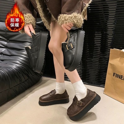 厚底皮面勃肯鞋女2025秋冬季新款加绒保暖豆豆乐福鞋毛毛雪地棉鞋