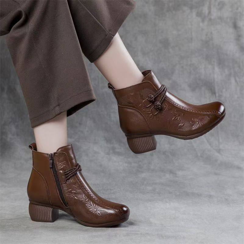 复古民族风短靴女秋冬单靴软皮软底妈妈棉鞋加绒皮鞋粗跟中年靴子,女鞋,时装靴,淘宝优惠券,粉丝福利购,淘宝优惠卷