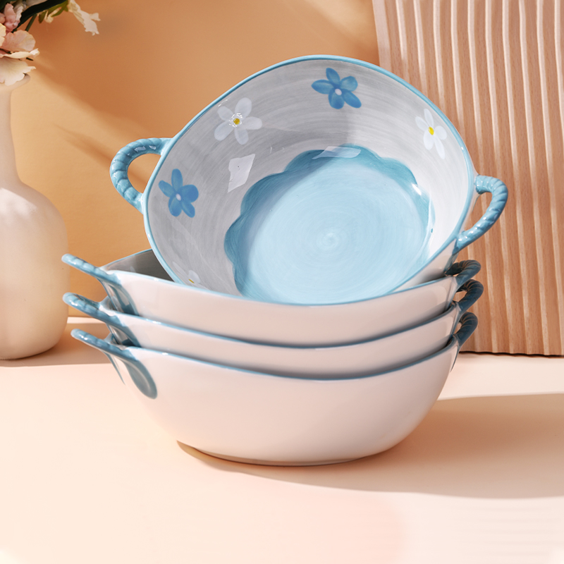 日式双耳汤碗汤盆家用高颜值陶瓷大号拉面碗泡面碗网红花边沙拉碗 餐饮具 碗 原图主图