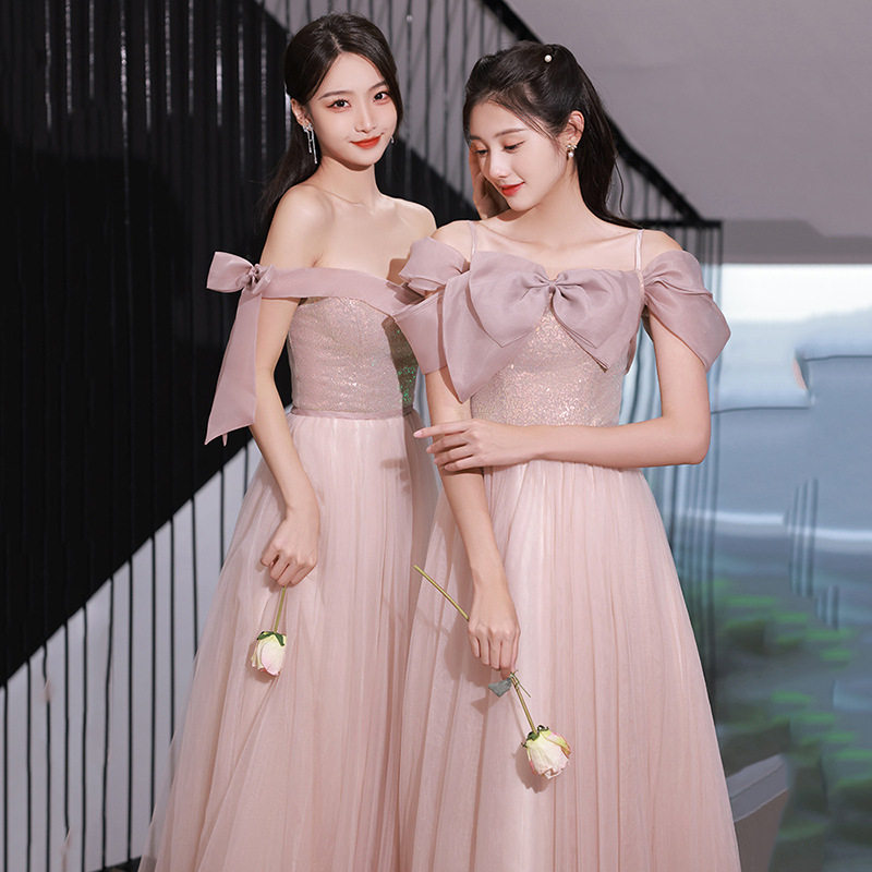 粉色伴娘服2025新款秋季仙气质显瘦亮片婚礼姐妹裙小众甜美伴娘服