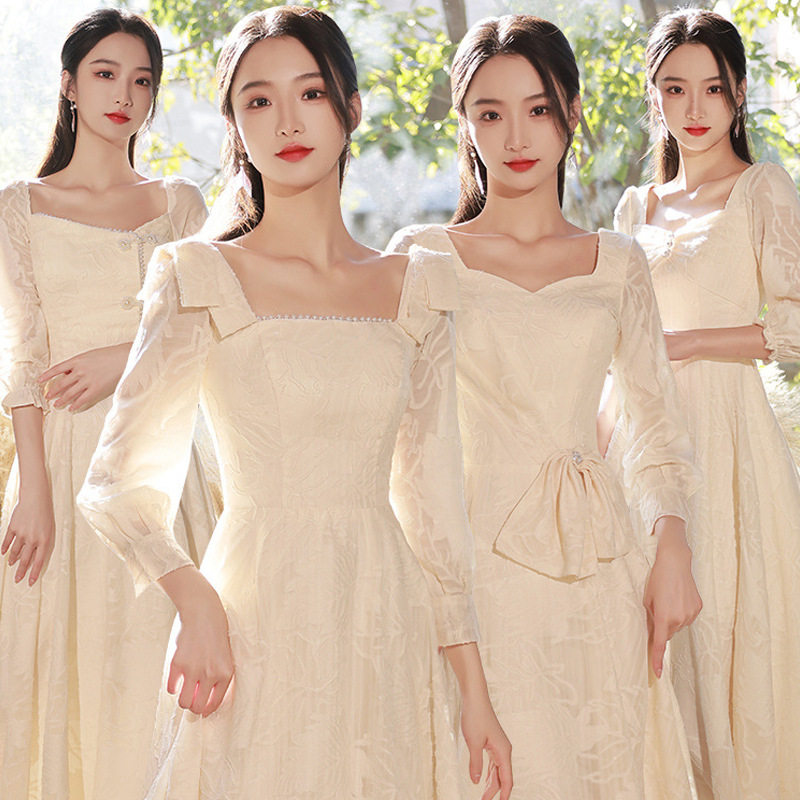 香槟色伴娘服长袖2025新款简约高级感小众姐妹团礼服裙女平时可穿