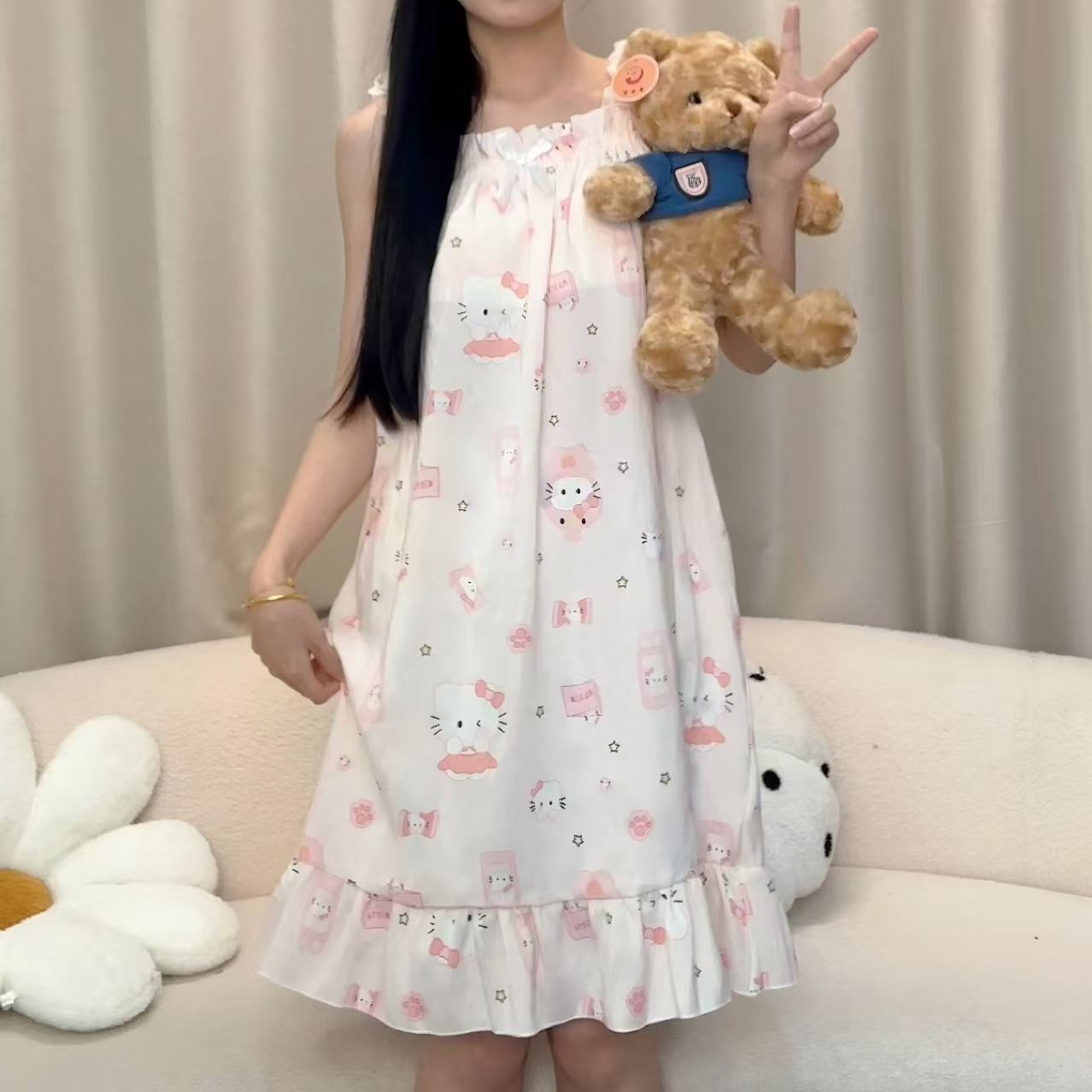 奶呼呼睡裙少女甜美可爱超萌法式公主风带胸垫睡衣吊带睡裙家居服