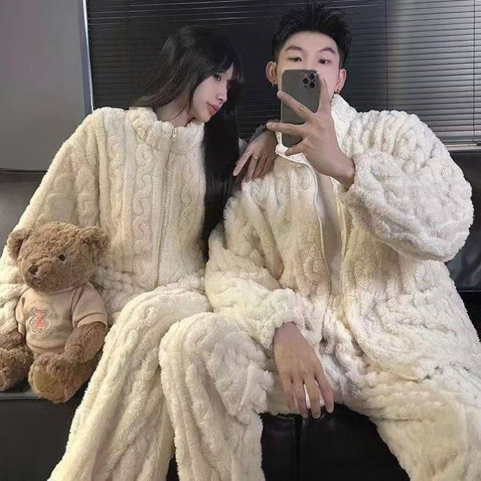 加厚防寒家居服冬季加绒保暖情侣睡衣棉服打底衫可外穿小棉袄套装