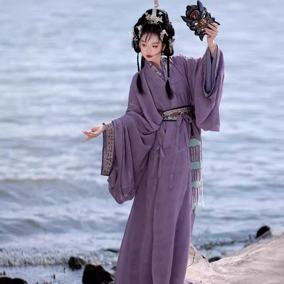 绝美战国袍汉服魏晋风超仙冬季古装虞姬西汉直裾袍紫色襦裙舞蹈服