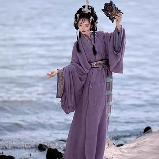 绝美战国袍汉服魏晋风超仙冬季古装虞姬西汉直裾袍紫色襦裙舞蹈服