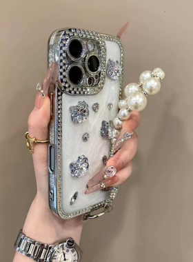 高级感镶钻边框立体水钻猫咪镜子苹果15promax新款iPhone16promax手机壳14pro蝴蝶结13滴胶12网红防摔套女17p