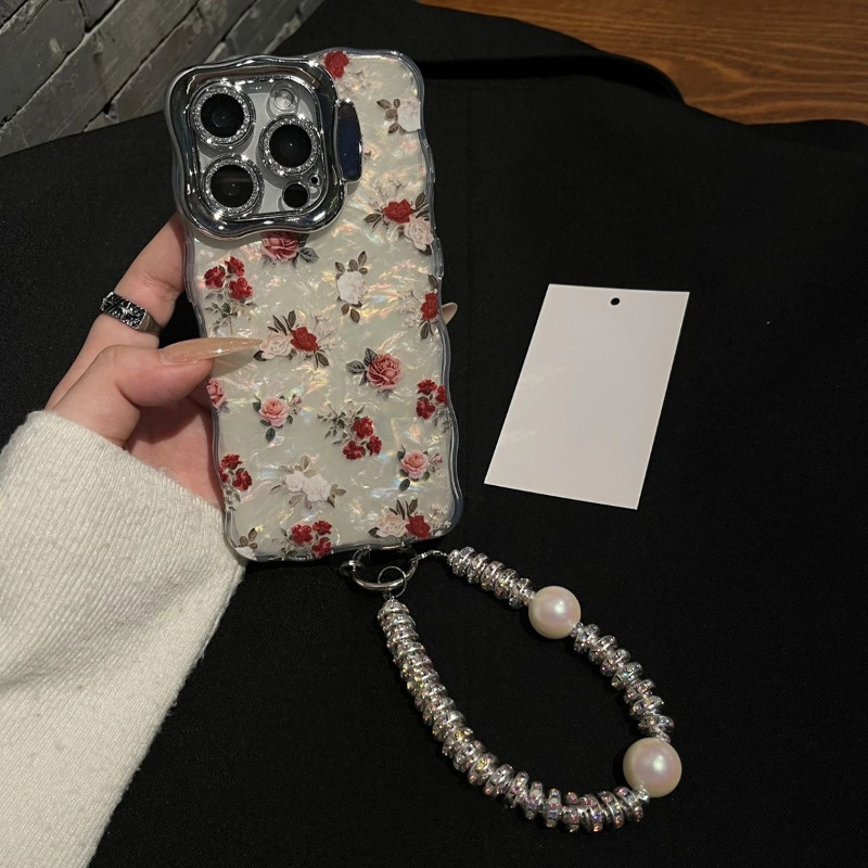 甜美闪粉带镜头膜支架适用苹果16promax手机壳新款16复古玫瑰碎花朵iPhone15pro贝壳纹13全包14保护套女手链,3C数码配件,手机保护套/壳,淘宝优惠券,粉丝福利购,淘宝优惠卷