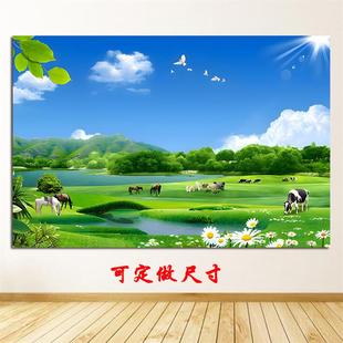 蒙古大草原风景贴画牛群羊群蓝天白云草地自粘壁画餐馆客厅装饰画