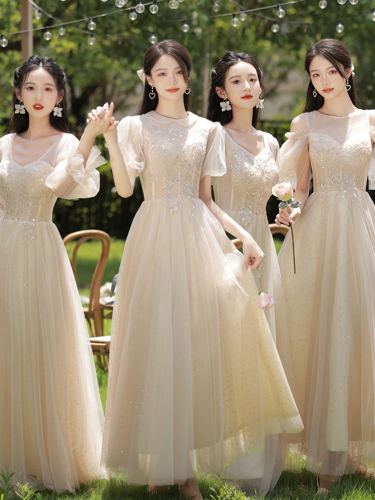 Champagne bridesmaid dress 2022 new autumn and winter sister group performance dress skirt female high-end sense niche fairy temperament