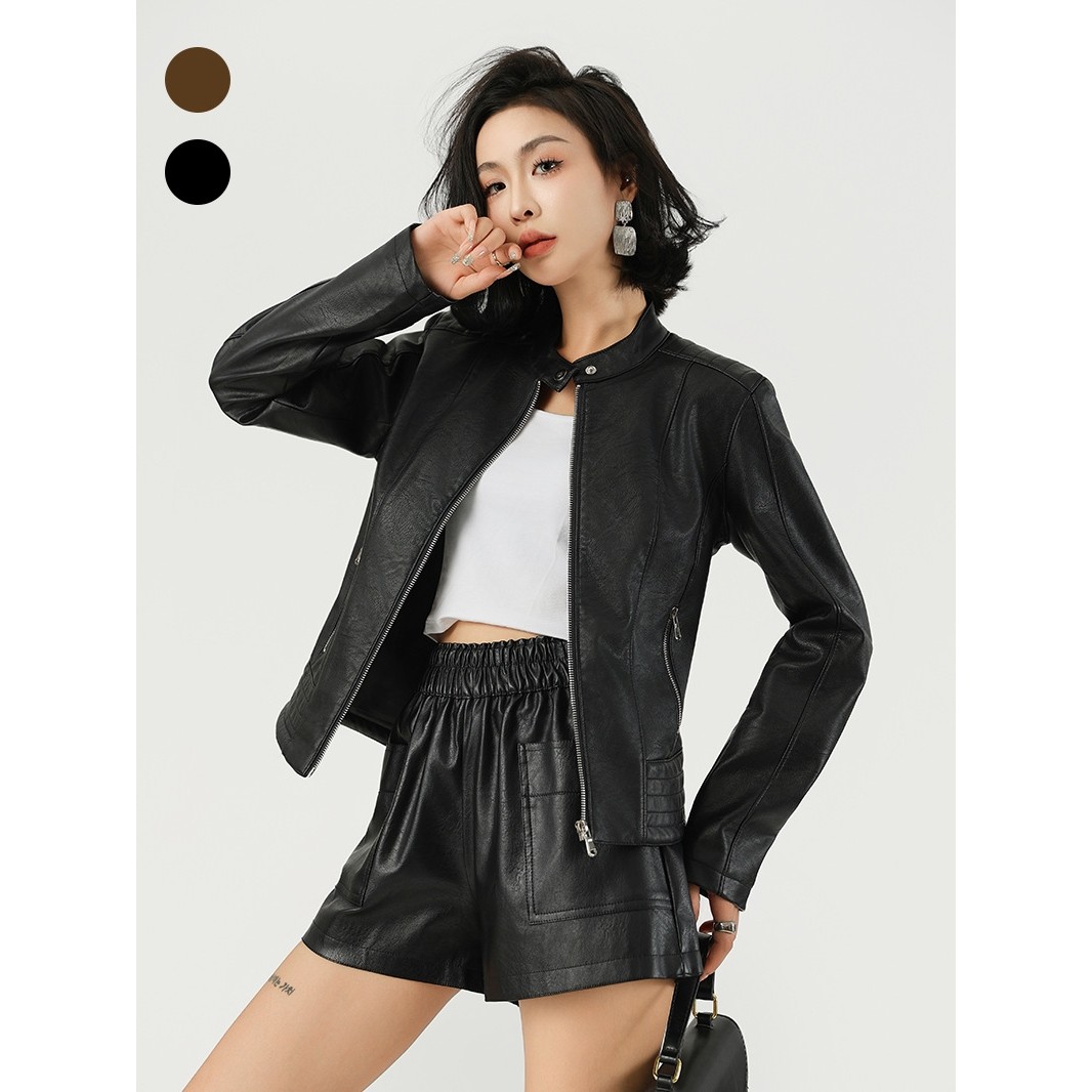 女式皮衣机车风皮外套皮夹克2024亚马逊欧美跨境皮衣女秋冬