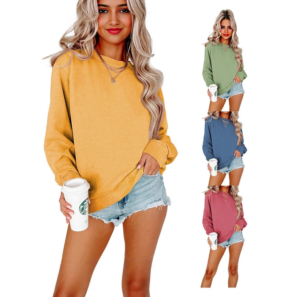 亚马逊2025秋冬新款长袖卫衣欧美跨境大码纯色圆领休闲t恤上衣女