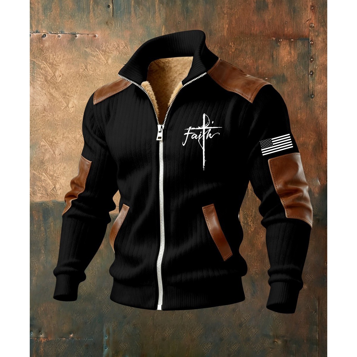 2025欧美冬季独立站TEMU时尚男士拉链针织夹克外套加厚棉服F420