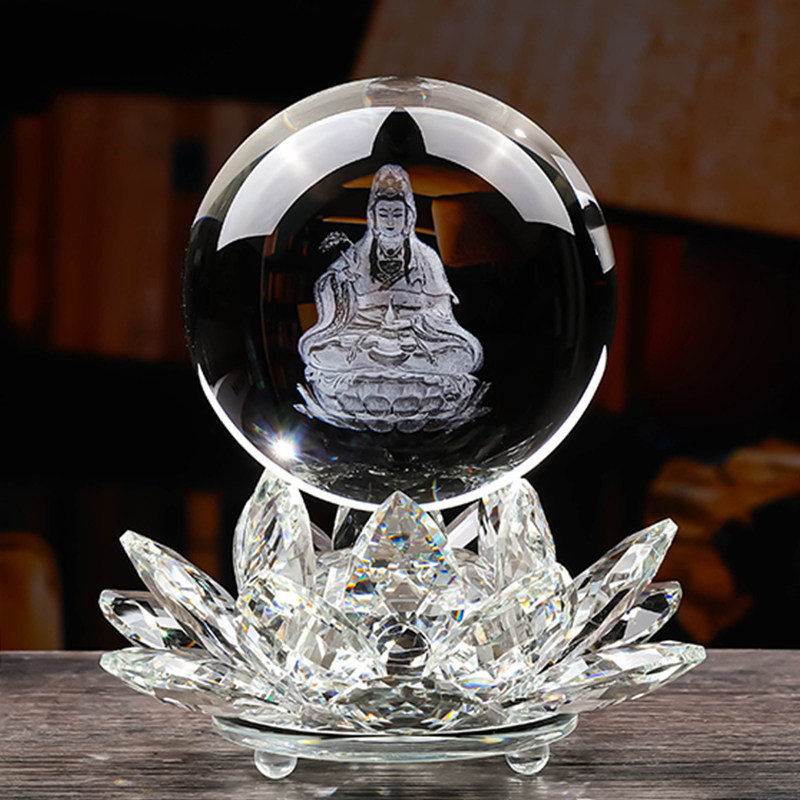 水晶球摆件观音像财神像莲花家居装饰品客厅电视柜摆设乔迁送礼品