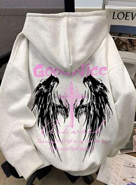 美式高街潮牌十字架翅膀连帽卫衣男秋冬款宽松街头百搭加绒上衣潮