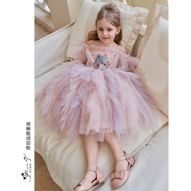 夏装新款小女孩纱裙公主裙儿童蛋糕裙子大女童粉色连衣裙夏季童装
