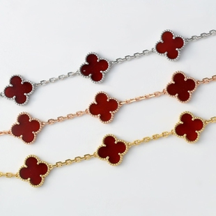 高版本四叶草红玛瑙石五花手链女幸运玫瑰金白金色黄金贝母紫玉髓