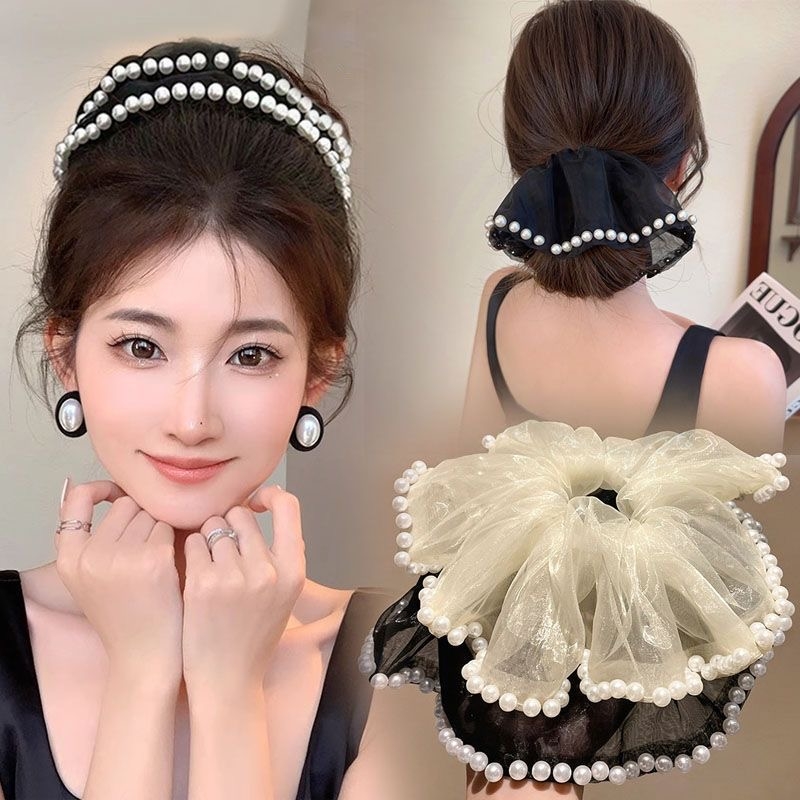 网红爆款低马尾头绳超大网纱珍珠大肠发圈法式丸子头发绳头饰双层