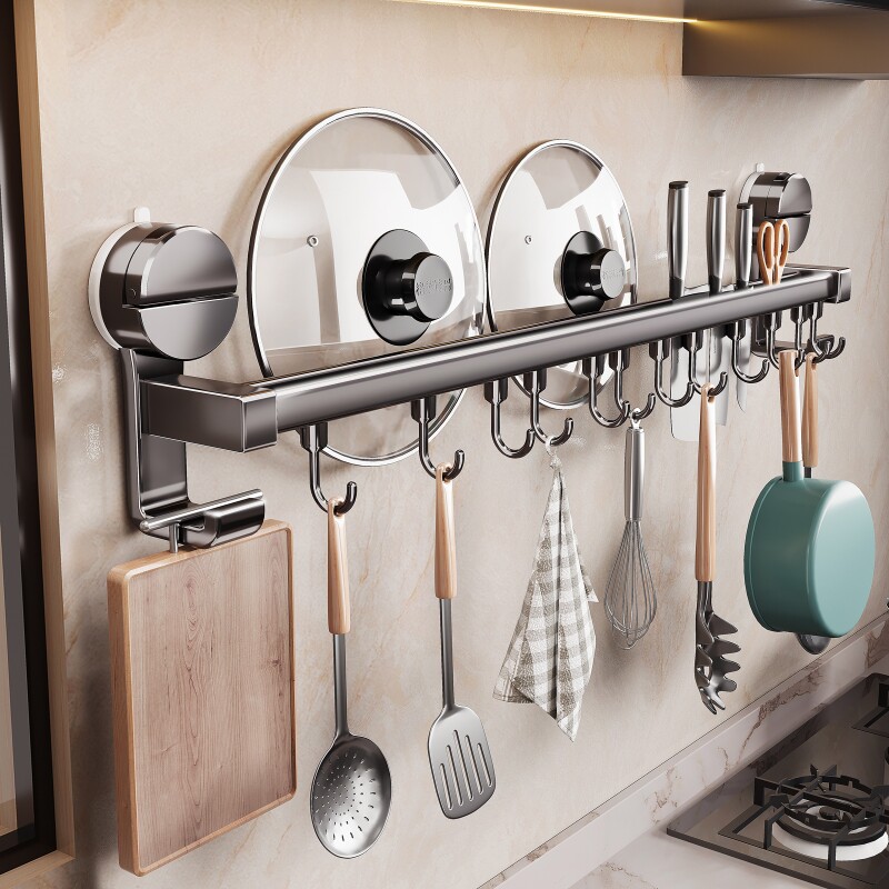 厨房挂架挂钩吸盘免打孔多功能挂杆锅铲勺子刀具壁挂式收纳架锅盖